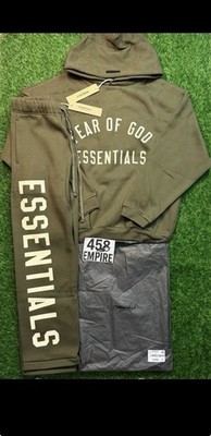 Essentials Olive Tracksuit Hoodie Pants Set Men s Size S Cotton Blend Designer
