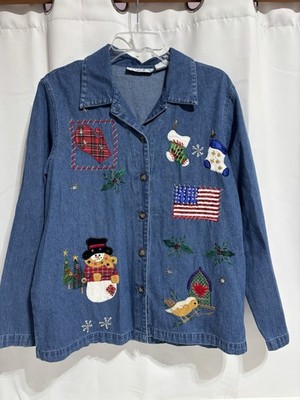 Victoria Jones Denim Christmas Button Shirt Size M Women s Santa Stockings Flag