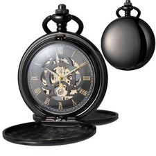 Mechanical Pocket Watch with Black Chain Retro Smooth Classic Handwind Roman ...