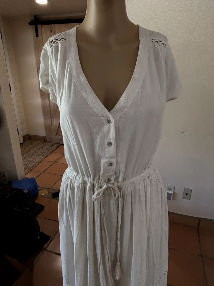 American Eagle Off-White Button-Front Maxi Dress with Lace Inserts.  Sz Large - Image 2 of 4