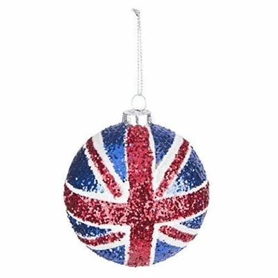 Gisela Graham Union Jack Sparkly Glitter Design Christmas Tree Bauble with Twine