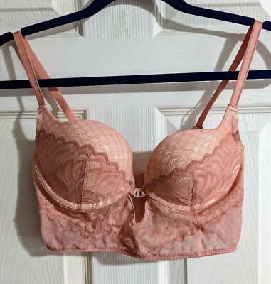 Adore Me Pink Lace Longline Bra 32DD Push-Up Spring Rare Style