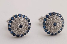 Nazar Or Evil Eye Amulet Stud Earrings Sapphire Topaz 100% Handmade In Turkey
