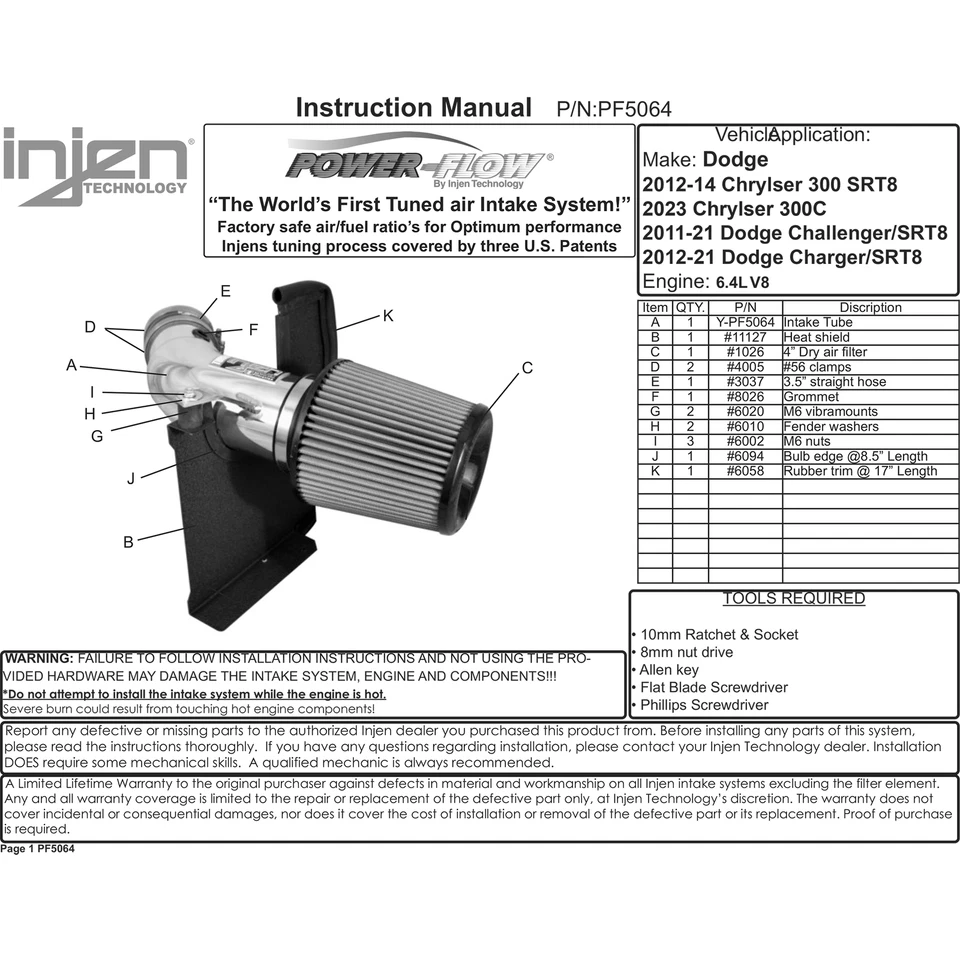 Kit de admisión de aire frío de aluminio Injen PF5064P para cargador Challenger 11-21 6,4 L V8 Foto 4 de 4