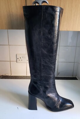 TOPSHOP DESIGNER UK 6/6,5 EU 40 DAMEN SCHWARZ LEDER KNIEHOHE ABSÄTZE STIEFEL NEU