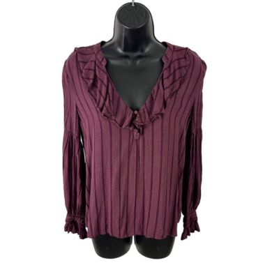 Paige Russo Ruffle Striped Boho Peasant Blouse Top Mauve Wine Extra Small