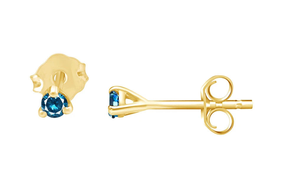 Round Natural Blue Diamond Stud Earrings 10k Yellow Gold (1/5 Cttw to 1/3 Cttw) Foto 2 de 2