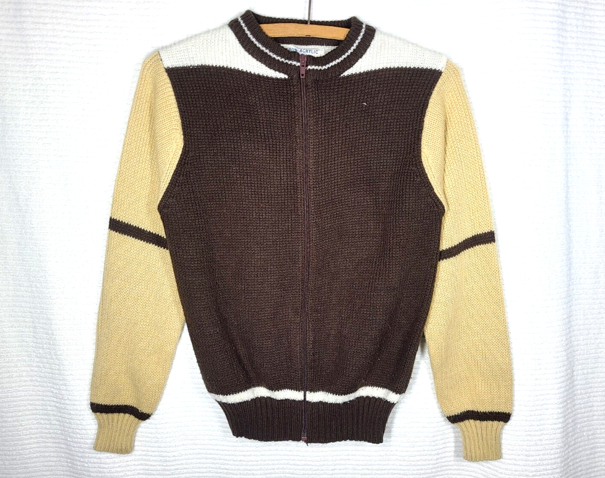 トップス 70s acrylic cardigan Vtg 70s Color Block Cardigan Sweater Child L 14 Unisex Soft