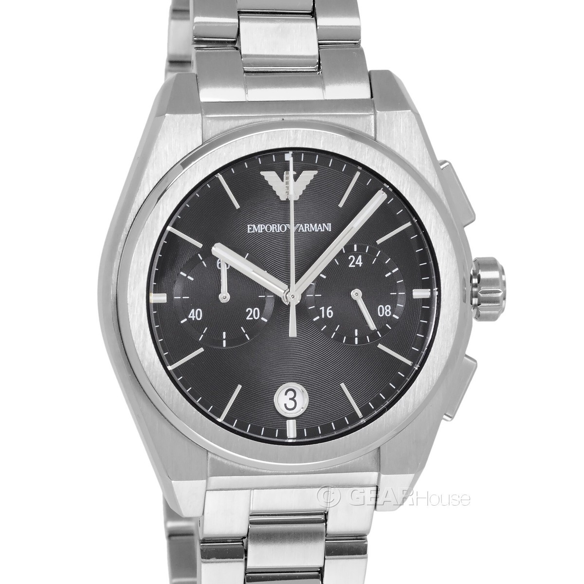 Emporio Armani Mens Chronograph Watch, Black Dial, Silver 