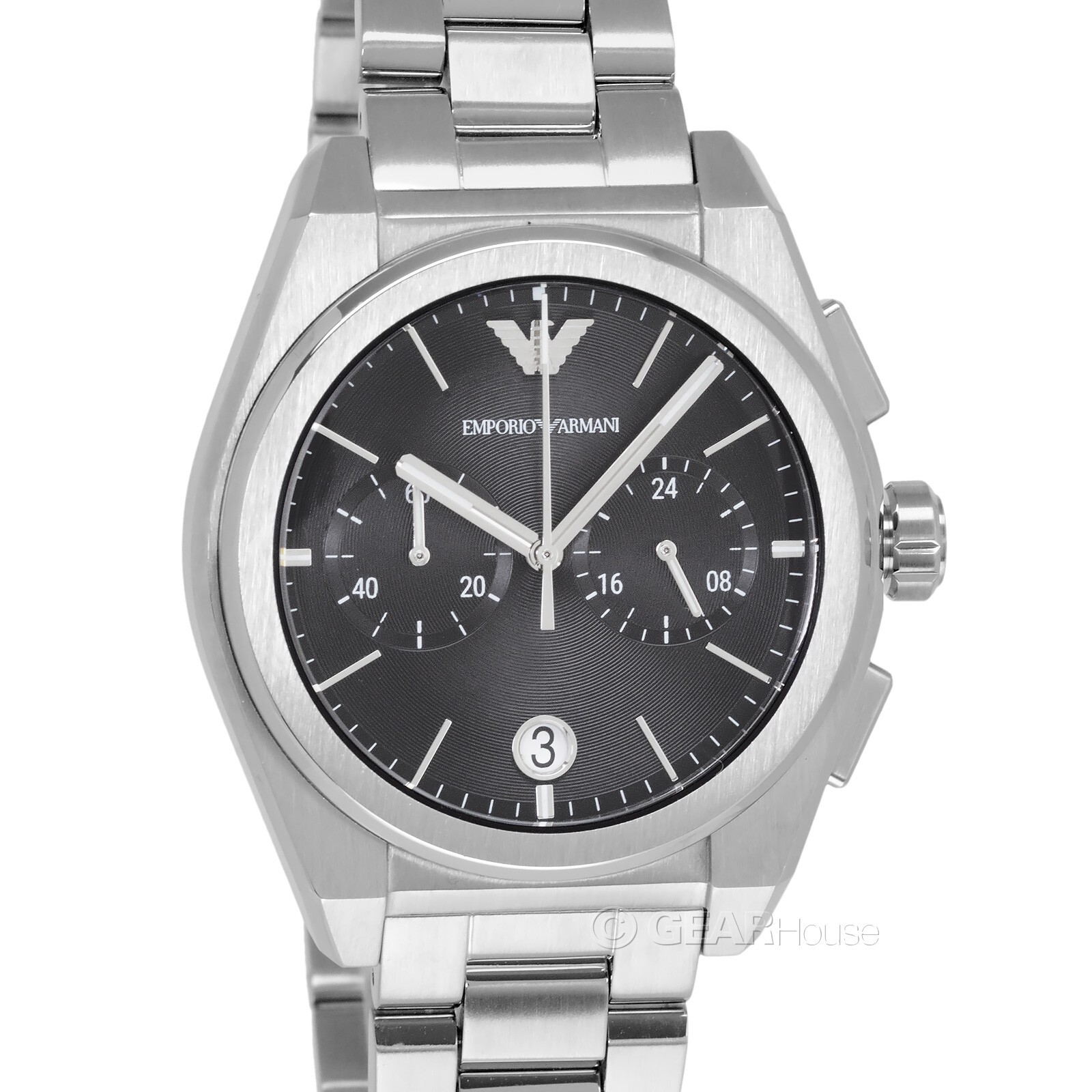 Мужские часы-хронограф Emporio Armani, черный циферблат, серебряный ремешок из нержавеющей стали