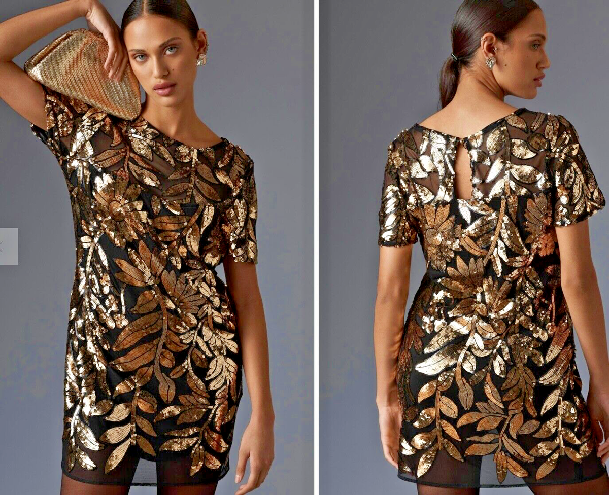 ANTHROPOLOGIE MAEVE SHORT SLEEVE SHEER EMBELLISH SEQUIN MINI DRESS GOLD PXS NYE ANTHROPOLOGIE MAEVE SHORT SLEEVE SHEER EMBELLISH SEQUIN MINI DRESS GOLD PXS NYE