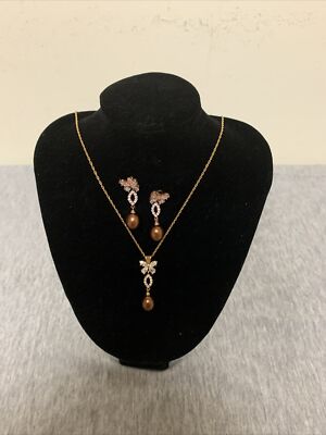 Vin. Goldtone Sterling DS Chain w/CZ & Pearl Butterfly Pendant & Earrings Set