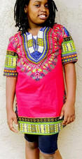 Slim Fit Fuchsia Pink Kids Traditional Unisex African Dashiki top in Size 12