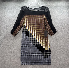 Line & Dot Womens Small 100% Silk Dress Windowpane Sheer 3/4 Sleeve Classic Y2K
