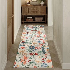 Floral Runner Rug 2x5 Washable Hallway Long Beige Bedroom Carpet Non Slip Ind...