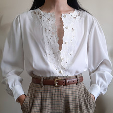 Cottagecore White Embroidered Blouse Cutwork Puff Sleeve Edwardian Style Size M
