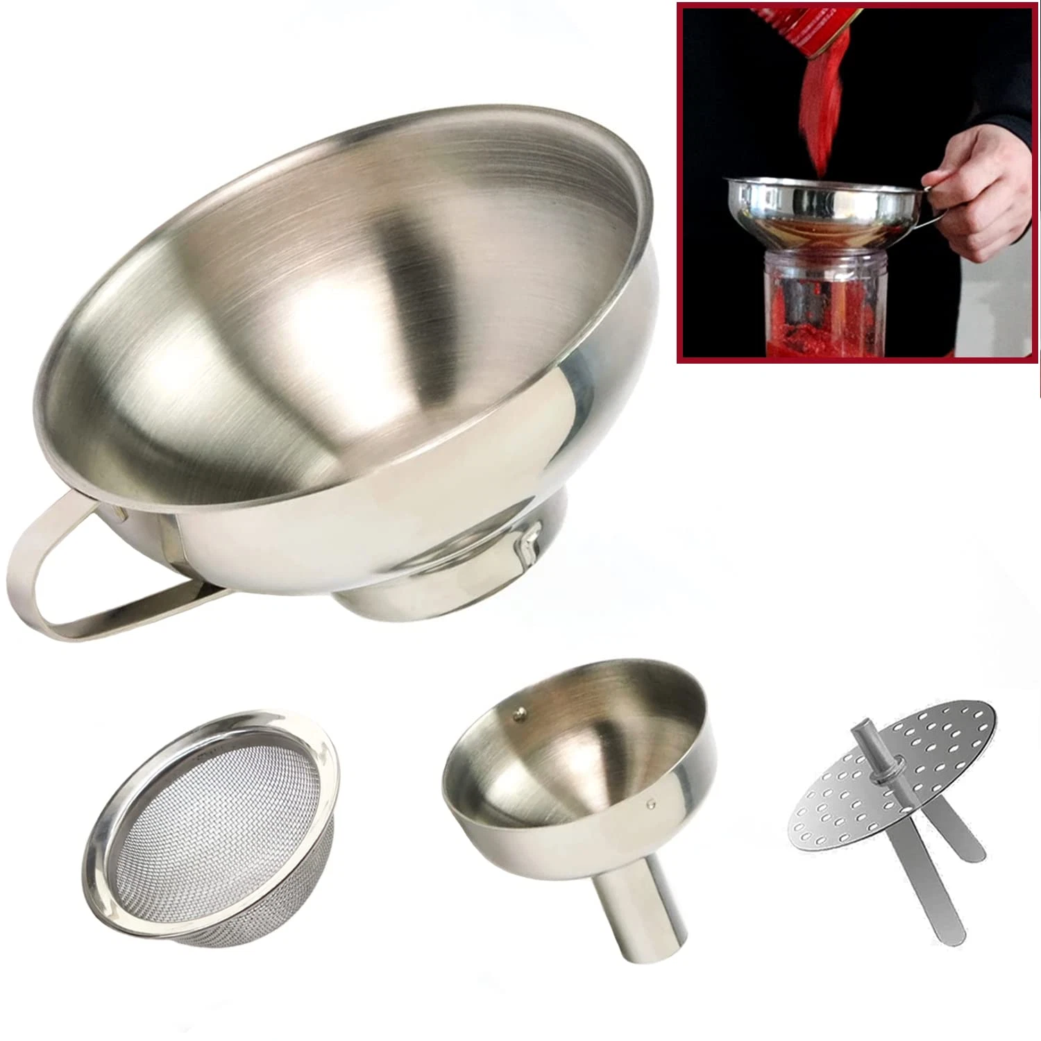 Stainless Steel 4-Piece Funnel and Strainer Set - Canning Funnel for Wide and Re