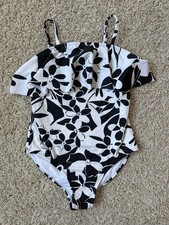 Raisins Black White Floral One-Piece Swimsuit Ruffle Top. Girl s size 10