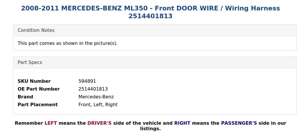 Mercedes-Benz ML350 2008-2011 - Arnés de cableado/cableado de puerta delantera 2514401813 Foto 3 de 4