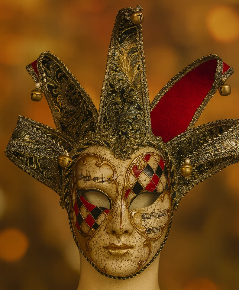 Venetian Jester Masquerade Mask Gold Red Harlequin Joker Carnival Costume - Image 2 of 3