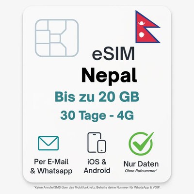 Nepal eSIM Datentarif digitale e SIM - per Mail- ohne Telefon Nummer