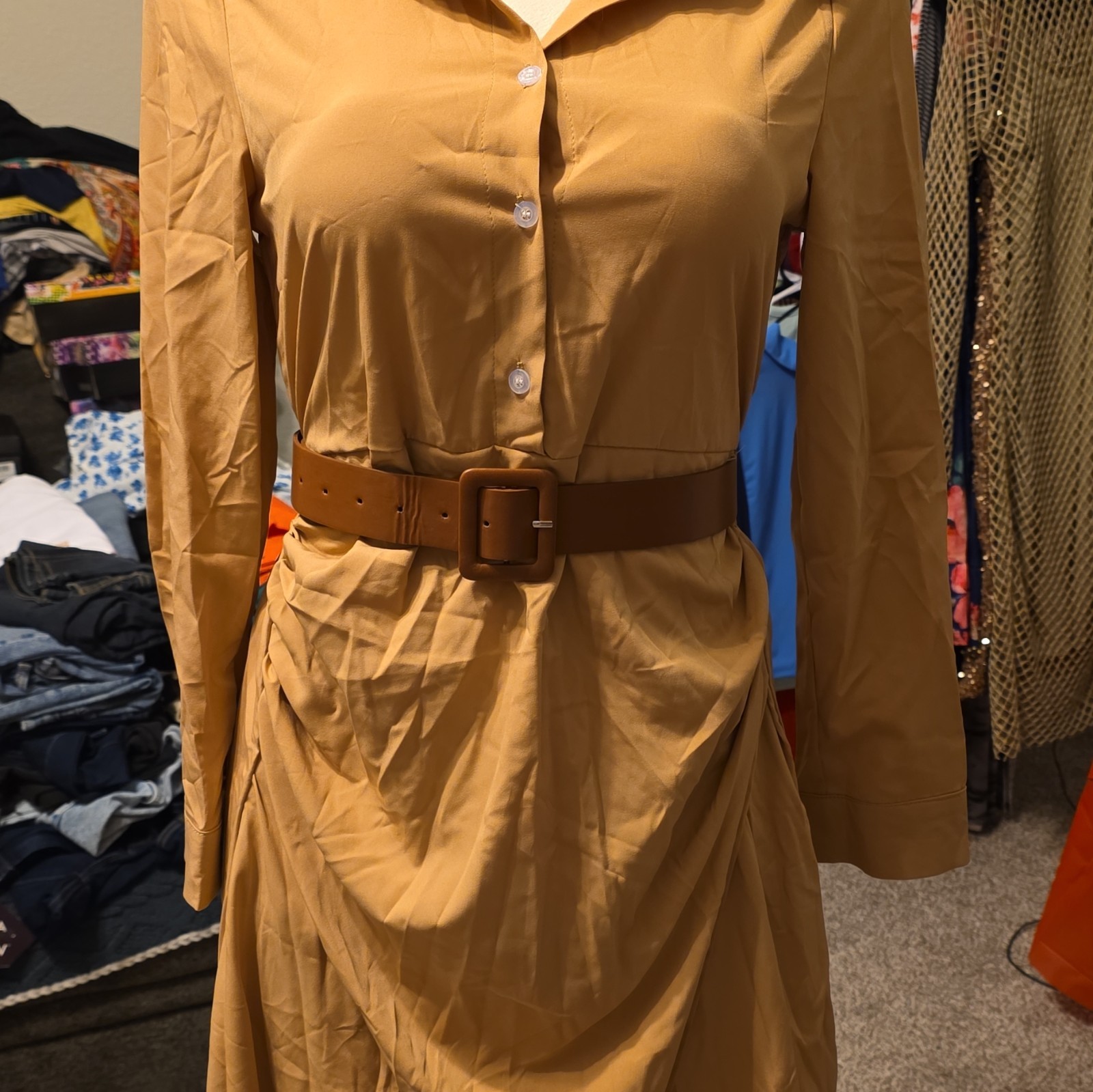 Women’s Tan Solid Collared Long Sleeve Button-Front Belted Shirt Dress Long S0