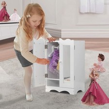 18 Inch Wooden Dolls Closet Baby Doll Wardrobe with 6 Clothes Hangers & 2 Mirror