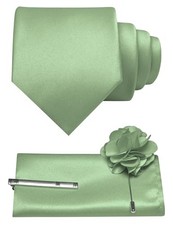 Solid Color Tie and Pocket Square Hankerchief with Lapel Pin Set Sage Green
