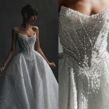Elegant Wedding Dress Strapless Sleeveless Pearls Sequin Sweep Train Bridal Gown