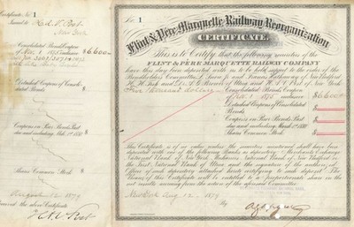 Flint and Pere Marquette Railway Reorganization 1879 dated - Certificte #1 $6,