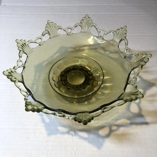 Vintage Westmoreland Glass Ring & Petal Line  Footed Bowl Green CMR
