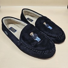 Polo Ralph Lauren Declan Bear Moccasin Slippers Black Lined Comfort Size 10