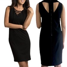 Bisou Bisou Black Sheath Dress Size 8 Strappy Lace Up V Neck Cutout Back Office