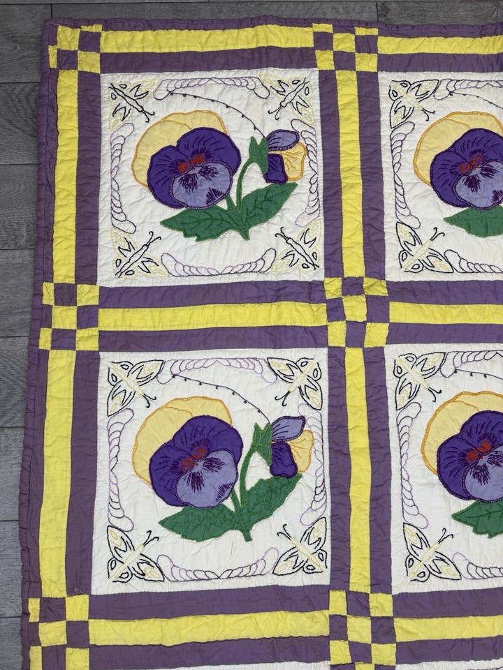 VTG Handmade Pansy Appliqué Checkered Purple Yellow Art Quilt 65”x84 ...