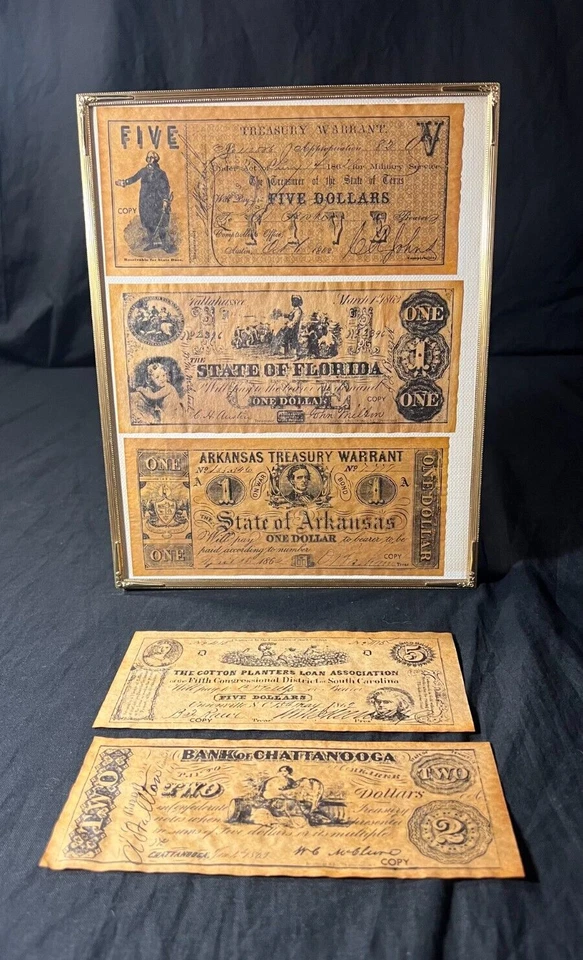5 *Reproduction* Confederate American Banknotes Civil War Play Money & Frame - Image 4 of 4