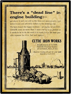 1913 Clyde Iron Works New Metal Sign: Hoisting Machinery - Duluth, Minnesota