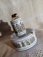 Vtg. Colibri Japan Porcelain Ashtray & Tabletop Lighter W Garcian Fresco Design.