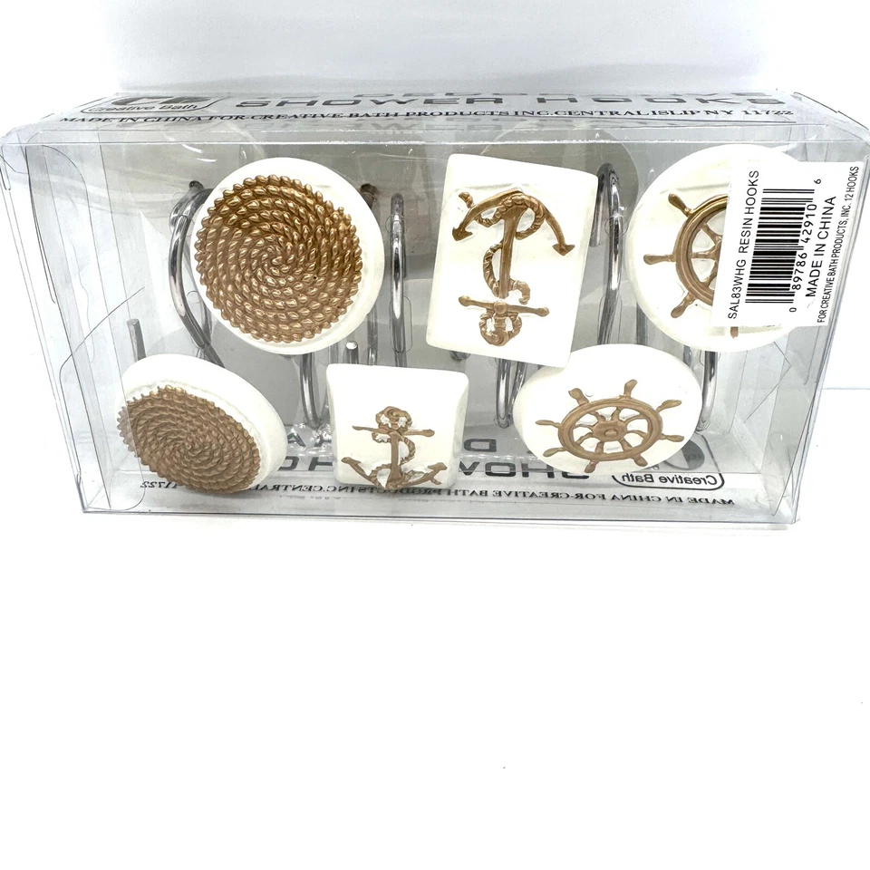 Крючки для занавесок для душа тема морского якоря колеса 12 шт золото на белой смоле ванна - Изображение 4 из 4