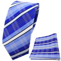 Schmale Tigertie Krawatte + Einstecktuch Blau Marine Weiß Schwarz Grau Gestreift