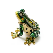 Green Frog Trinket Box Enameled with Rhinestones - Jeweled Collectible Gift