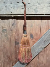 Broom Corn Whisk Hand Hearth Broom With Wire Wrap Hand Carved Handle 14.75” Long