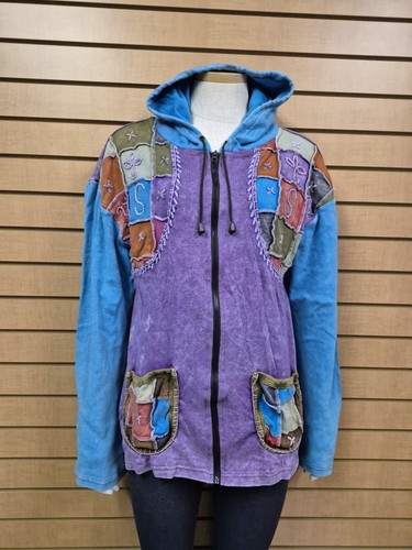 KPC Patchwork Hoodie Jacket XL Boho Festival Zip Front Colorful Nepal Style