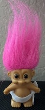 Vintage Russ Troll Doll Baby in White Diaper Hot Pink Hair Brown Eyes 2"