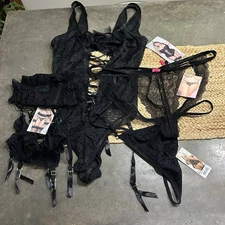 Seven Till Midnight Lace Black Teddy W/Thong Suspender Garter Belt 3X 4X Set