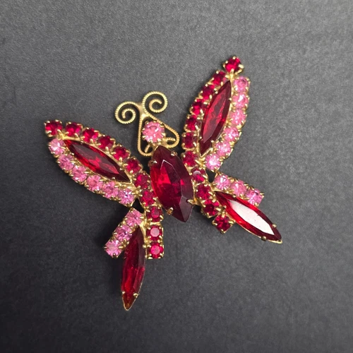 Red Pink Rhinestone Butterfly Brooch Vintage Insect Bug Glam Costume Jewelry