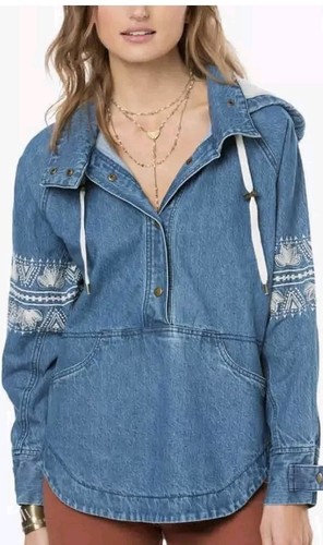 O'Neill Women's Boho Pullover Jacket Small Fleece Lined Hood Denim Embroidered - Picture 2 of 12