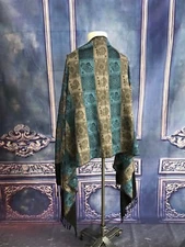 Woven Blue Silver Black Tulip Paisley Pashmina Wrap Scarf Fringed Edge Block Prn