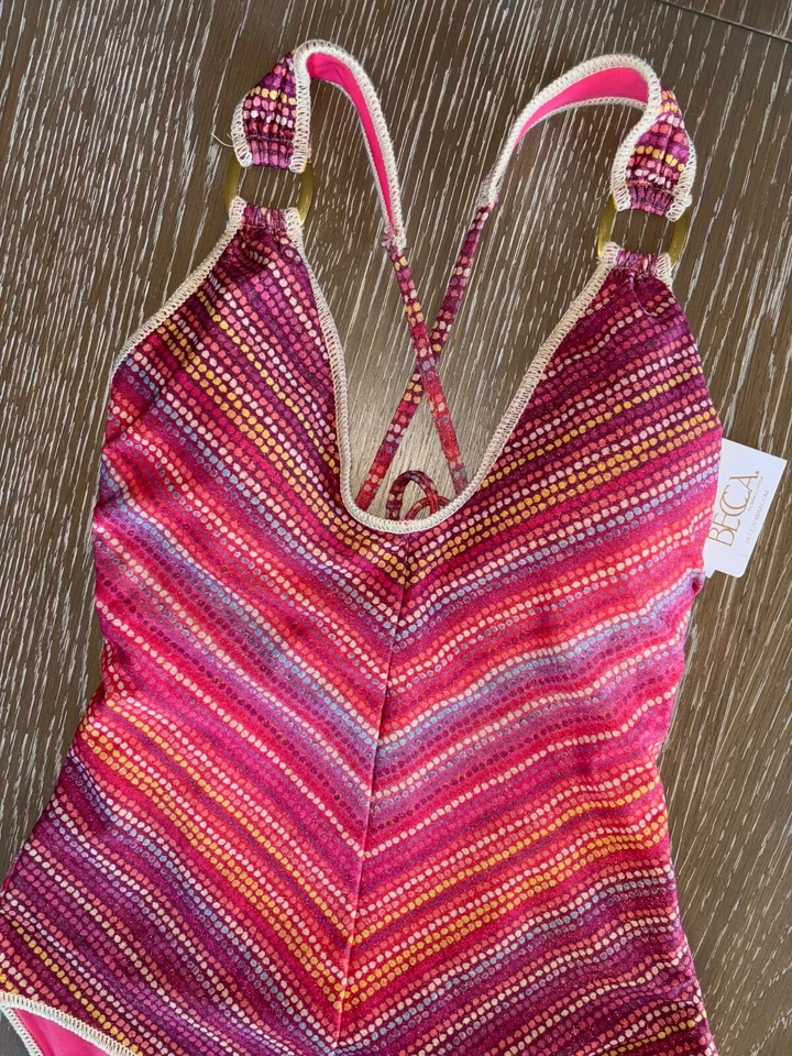 $154 NUEVO CON ETIQUETAS BECCA Arco Iris Rosa Naranja Puesta de Sol Rayas Metálicas Traje de Baño Una Pieza S Foto 4 de 4