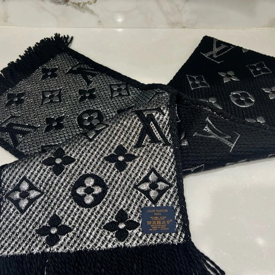 Auténtico bufanda de invierno LOUIS VUITTON logotipo manía monograma lana seda negro plata Foto 4 de 4
