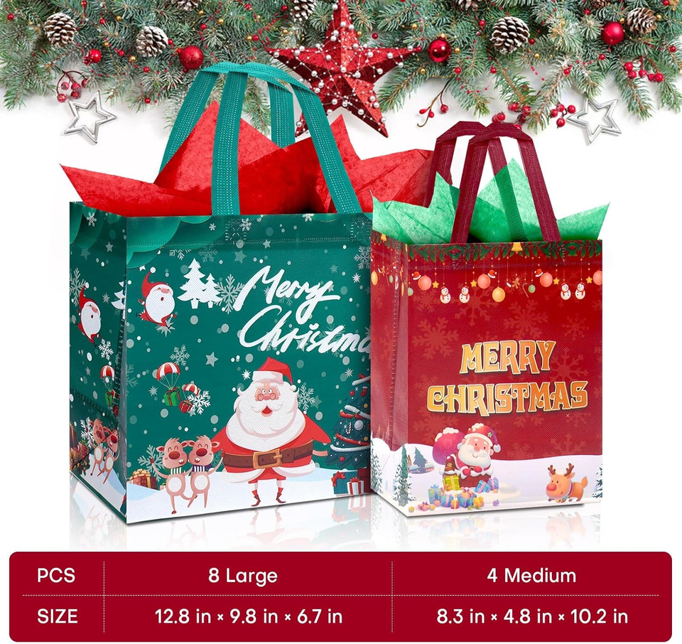 12 Pack Christmas Gift Bags with Tissue Paper Reusable Tote Bags with